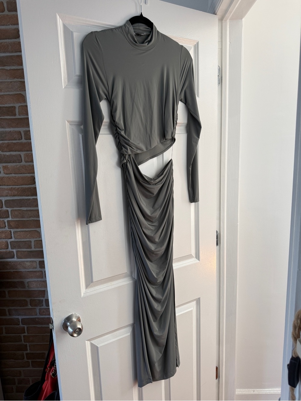 Zara Long Sleeve Asymmetric Grey Draped Cutout Dress